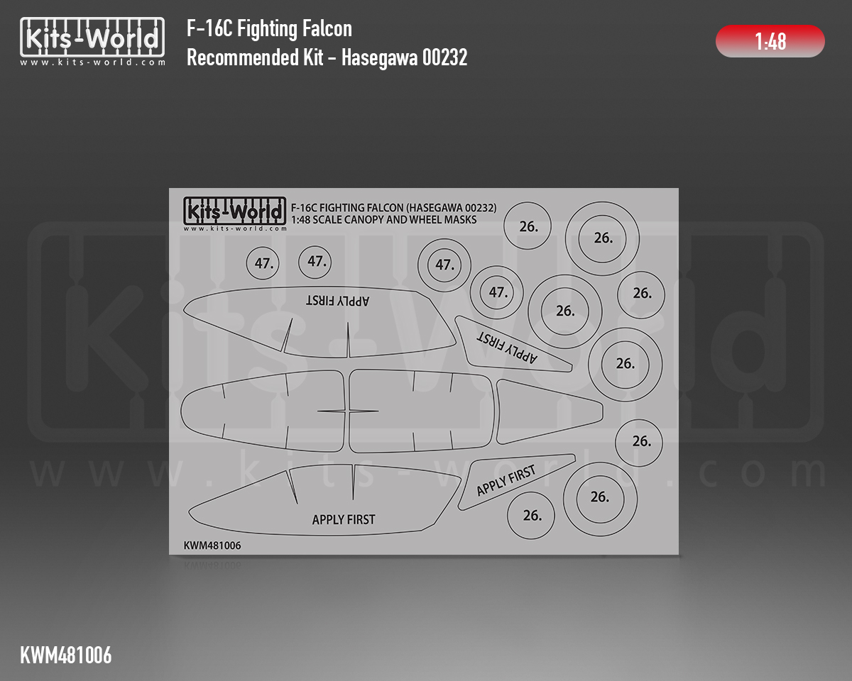 Kitsworld Kitsworld 1:48 Paint Mask F-16C Fighting Falcon 1:48 scale F16C -  Canopy/Wheels Mask Recommended Kit - Hasegawa 00232 
